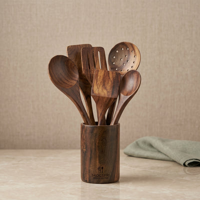 Premium Handcrafted Wooden Spoon Set with Holder – 6 Piece Sheesham Kitchen Utensil Set