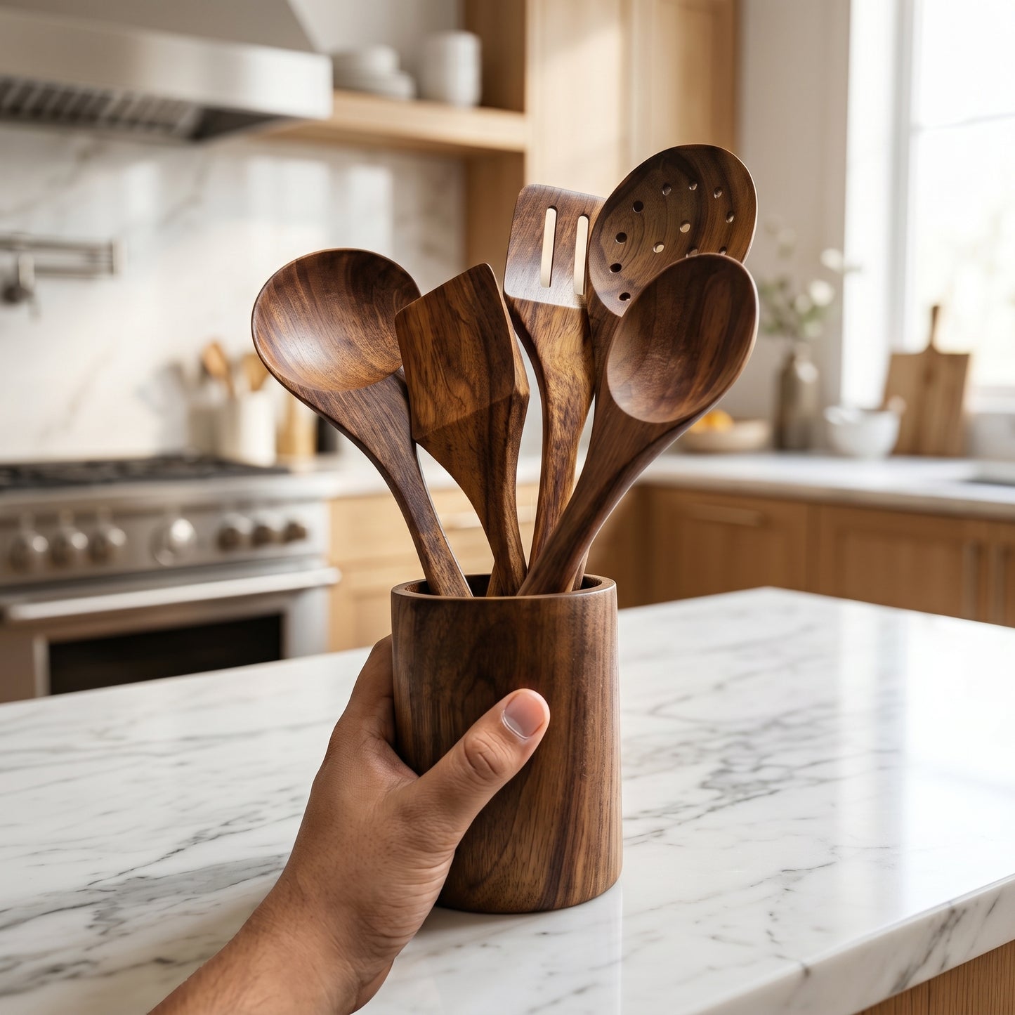 Premium Handcrafted Wooden Spoon Set with Holder – 6 Piece Sheesham Kitchen Utensil Set