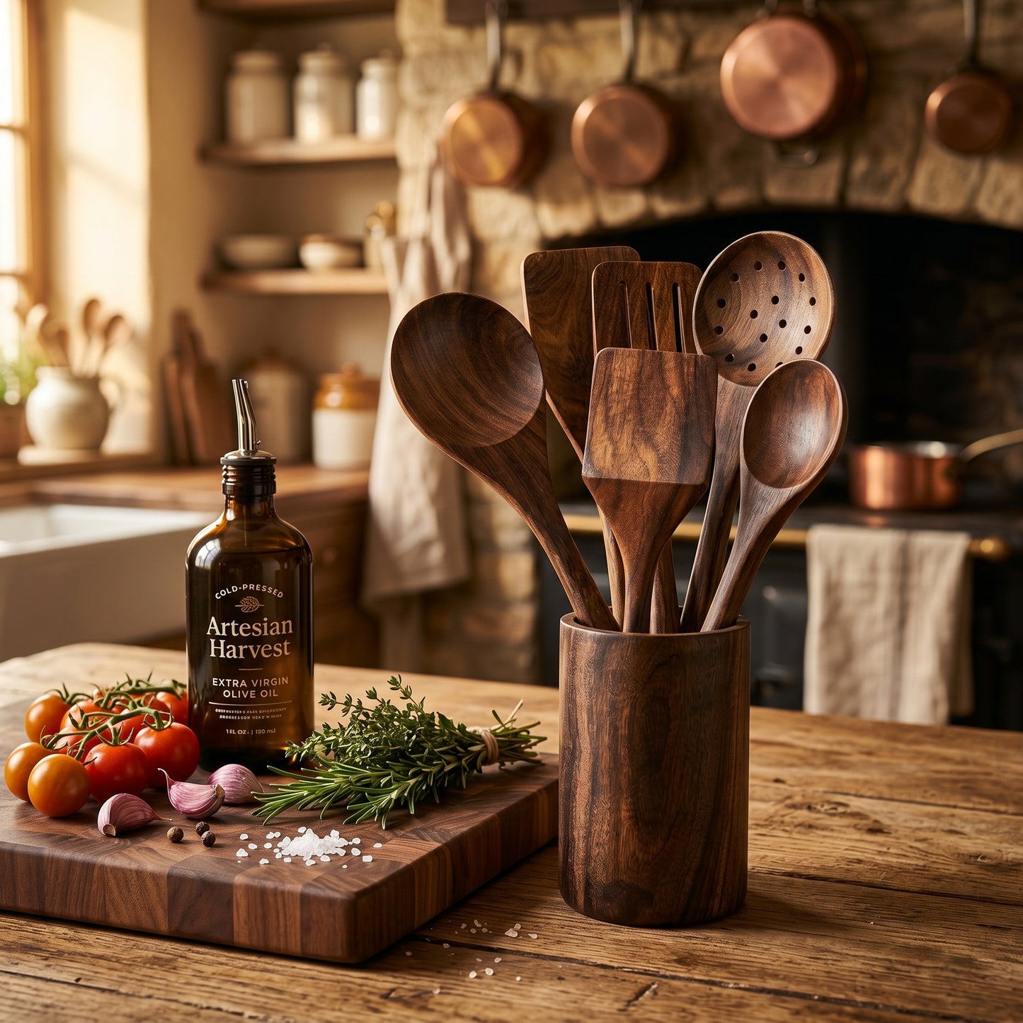 Premium Handcrafted Wooden Spoon Set with Holder – 6 Piece Sheesham Kitchen Utensil Set