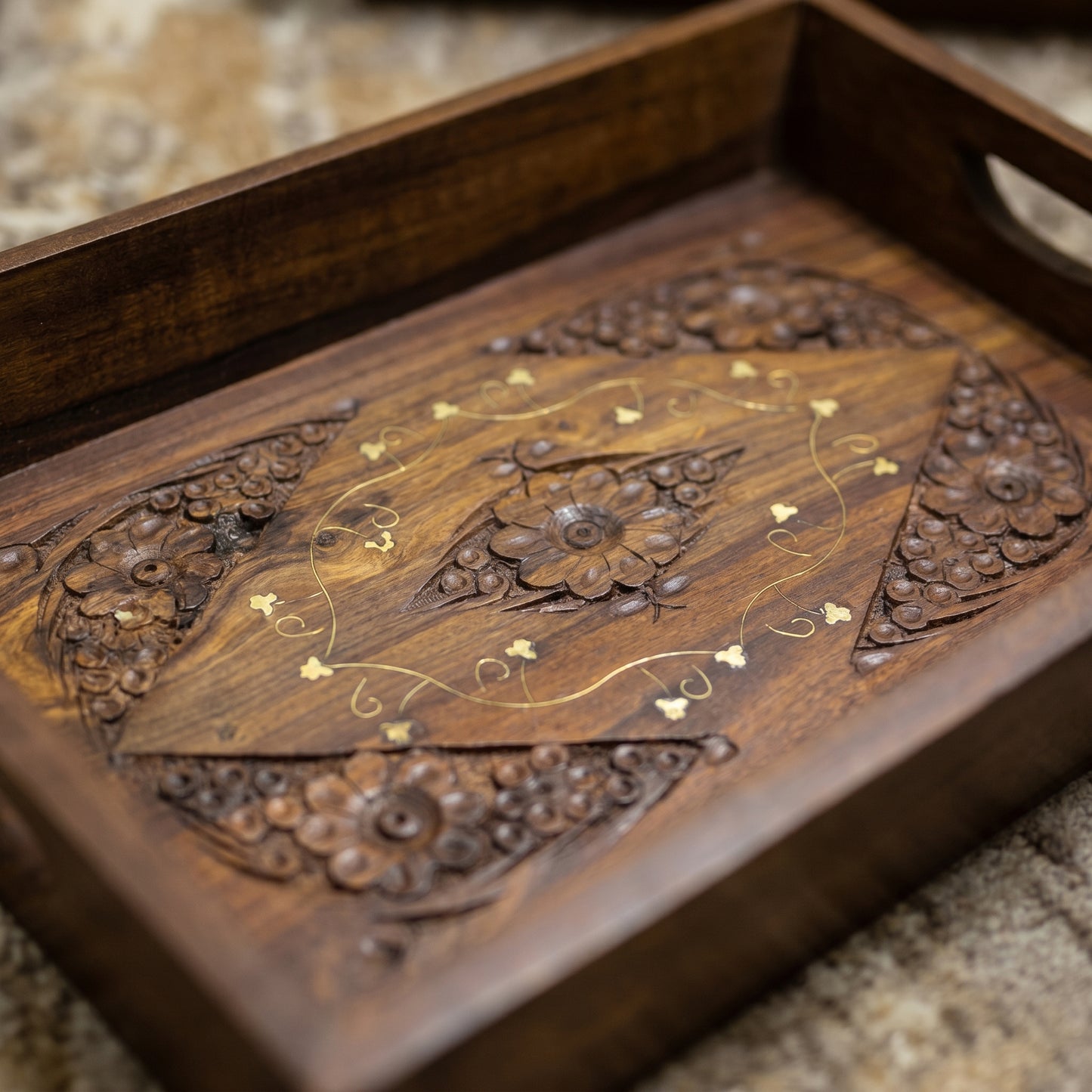 Luxury Handcrafted Sheesham Wood Serving Tray Set – Decorative Wooden Serving Platters with Brass Inlay (Set of 3)