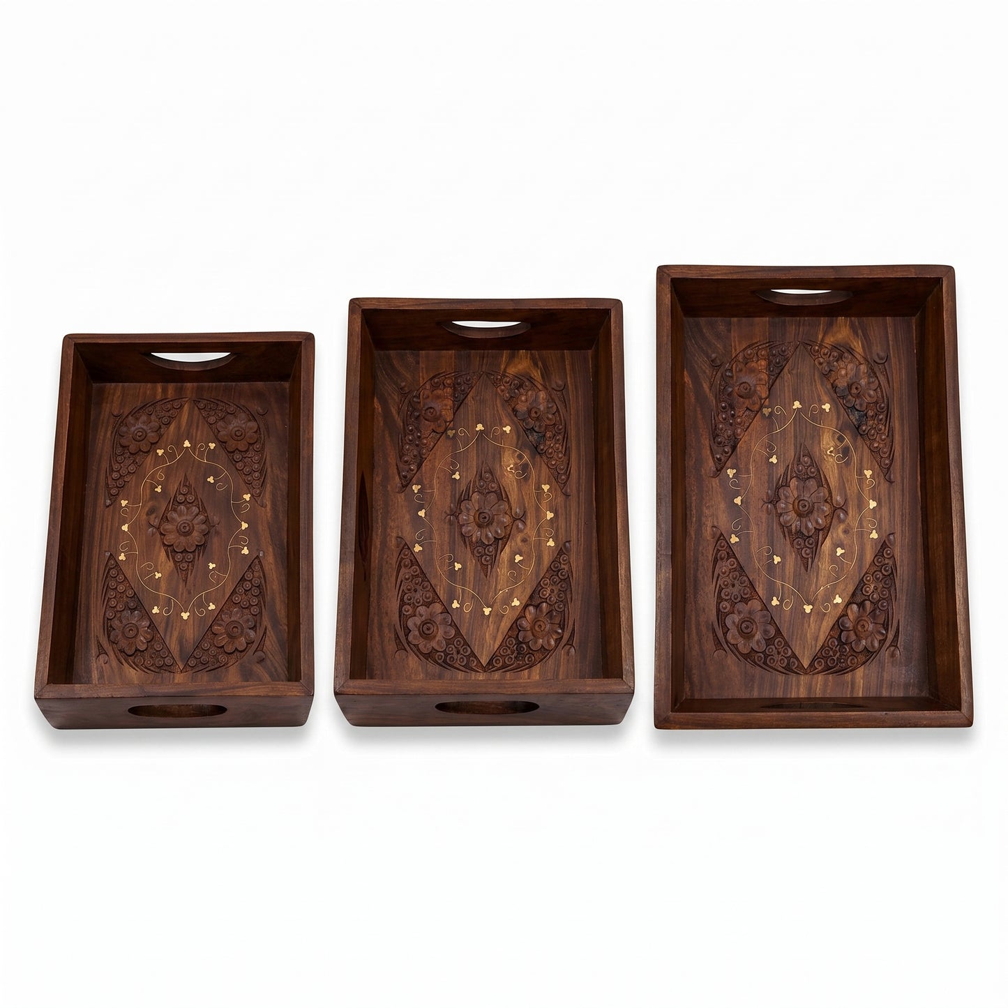 Luxury Handcrafted Sheesham Wood Serving Tray Set – Decorative Wooden Serving Platters with Brass Inlay (Set of 3)