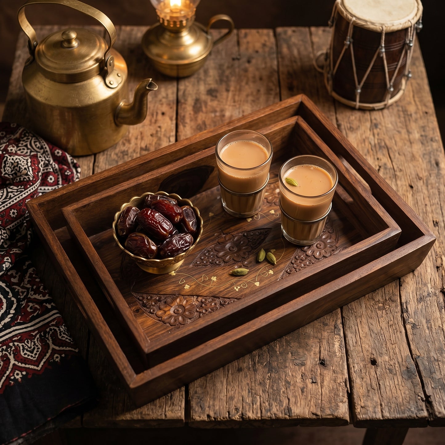 Luxury Handcrafted Sheesham Wood Serving Tray Set – Decorative Wooden Serving Platters with Brass Inlay (Set of 3)