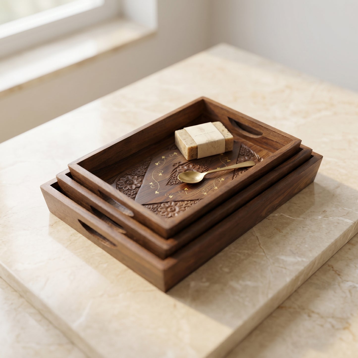 Luxury Handcrafted Sheesham Wood Serving Tray Set – Decorative Wooden Serving Platters with Brass Inlay (Set of 3)