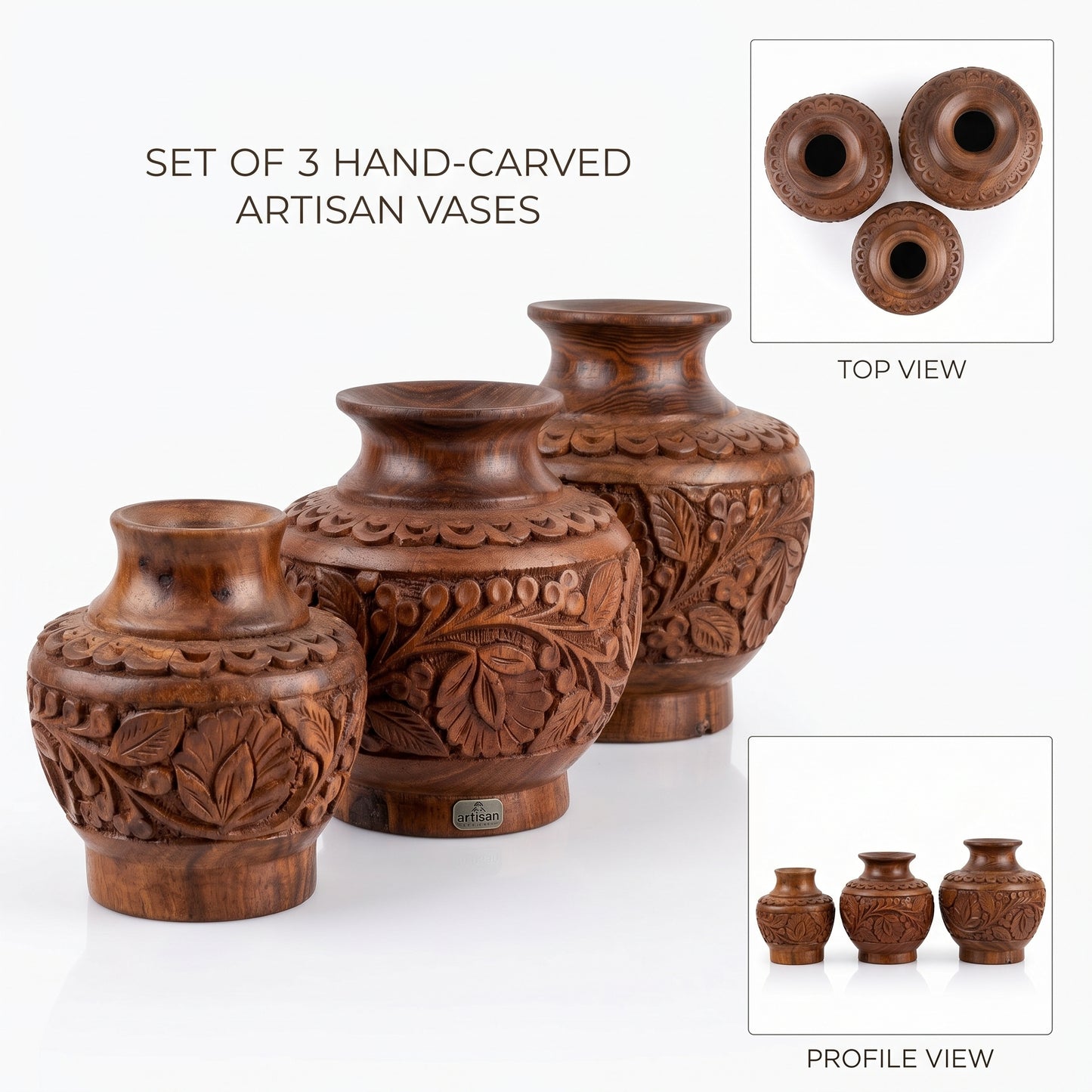 Hand Carved Wooden Vase Set – 3 Sizes